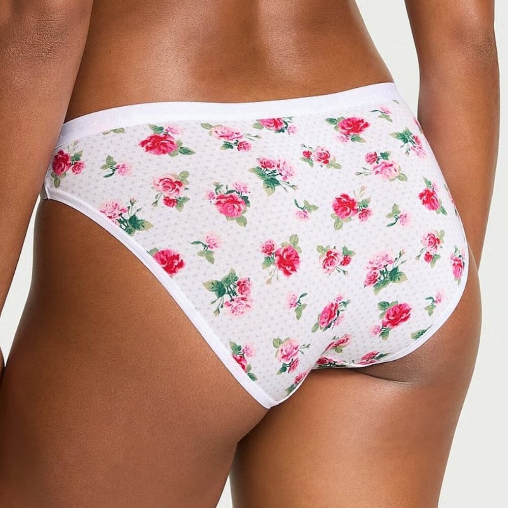 Victoria's Secret Cotton Bikini Panty SIZE M White Pink Floral Roses Dots